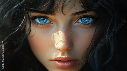 Wallpaper Mural A soft-focus portrait featuring the vivid contrast of a womans grey-blue eyes and dark hair, with delicate light reflections adding depth and charm to her gaze. Torontodigital.ca