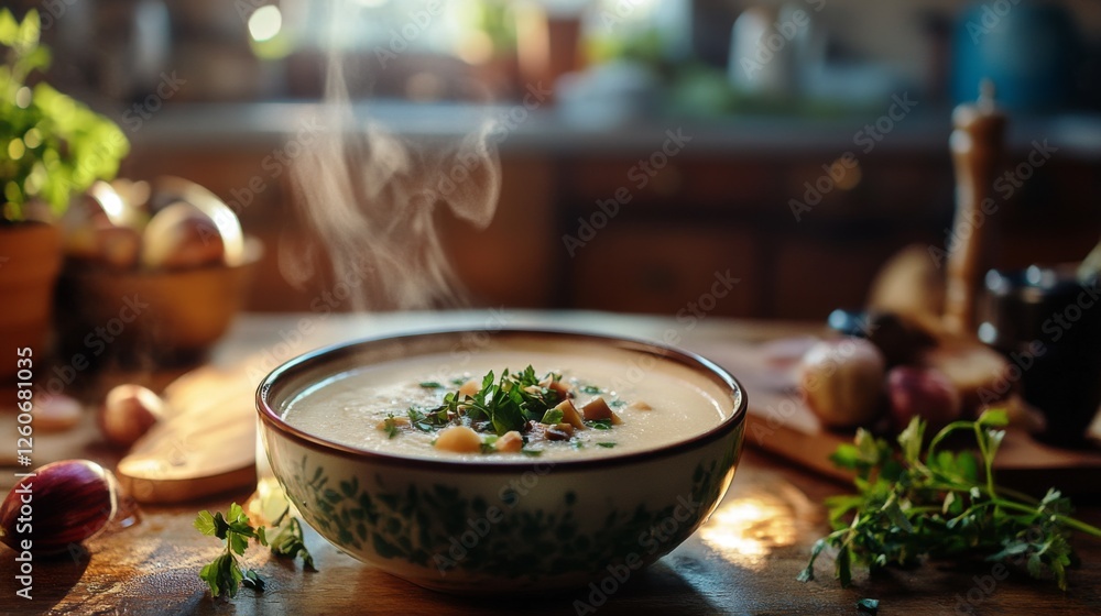 A steaming bowl of creamy chestnut soup garnished with fresh herbs, served in a cozy kitchen setting with warm lighting, creating an inviting atmosphere. A steaming bowl of creamy chestnut soup garnished with fresh herbs, served in a cozy kitchen setting with warm lighting, creating an inviting atmosphere.