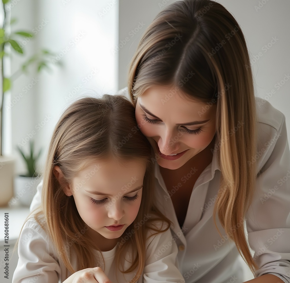 Caucasian young woman and child bonding at home, smiling and engaged in a fun activity Caucasian young woman and child bonding at home, smiling and engaged in a fun activity
