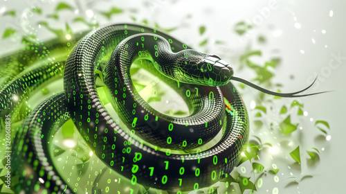 snake surrounded by glowing green binary code and digital fragments, creating futuristic and dynamic atmosphere. image evokes sense of technology and nature intertwined