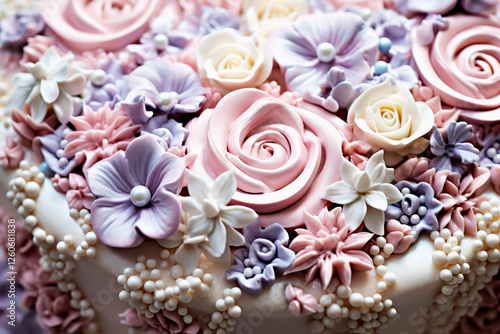 Delicate cake adorned with intricate floral decorations and elegant pearls in pastel hues of pink, lavender and white. Weddings, celebrations and luxury events. Concept of artistic cake decoration
