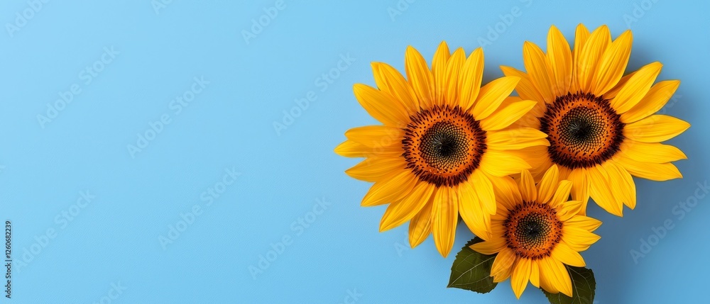 Obraz premium Bright sunflowers against a blue background.