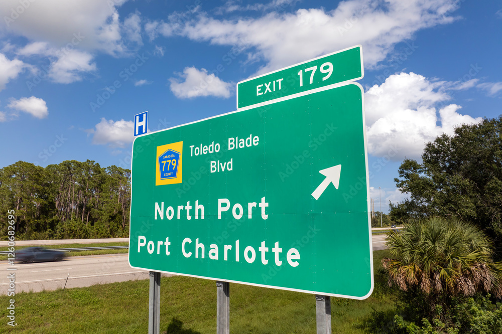 American interstate highway directional exit sign on fast motorway in Florida, USA. I-75 freeway junction leading to North Port and Port Charlotte American interstate highway directional exit sign on fast motorway in Florida, USA. I-75 freeway junction leading to North Port and Port Charlotte