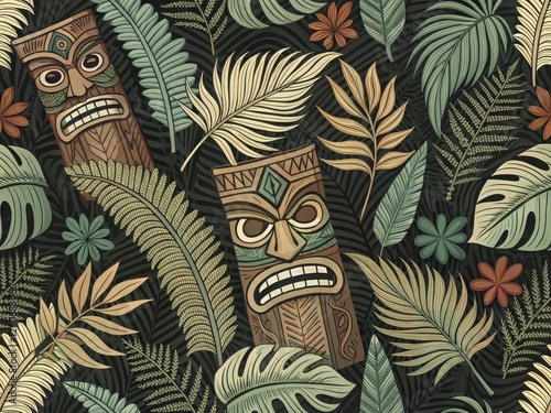 Vibrant Stylized Tiki Totems Surrounded by Tropical Leaves and Floral Patterns
