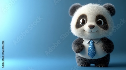 Cute panda in business attire, blue background, ready for work photo