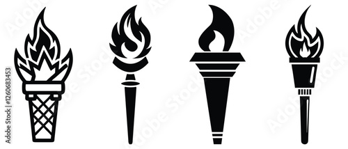 fire flame torch icon .torch burning fire light lit up. Torch icon vector. Flame symbol with holding stick. Victory, success or achievement sign.silhouette design