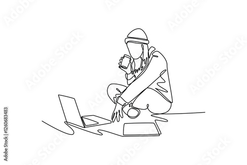 Working from home concept. Single line draw design vector graphic illustration.
