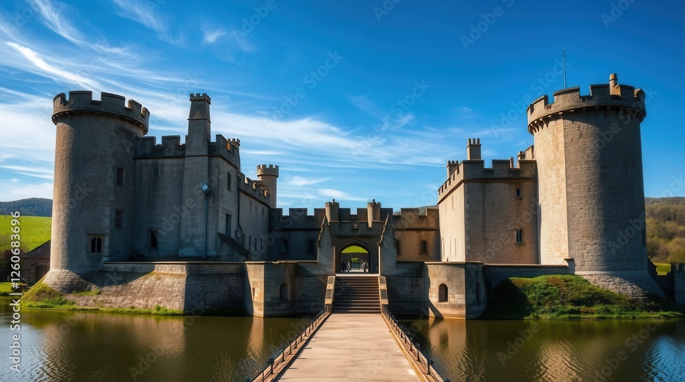 Historic stone castle with round towers and a bridge across a moat under a clear blue sky Historic stone castle with round towers and a bridge across a moat under a clear blue sky