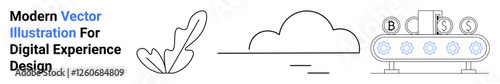Abstract leaf representing growth, cloud symbolizing technology, currency conveyor for fintech. Ideal for digital innovation, technology, growth strategies, fintech ideas, hybrid systems, user