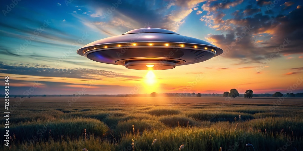 Futuristic UFO Hovering Over Field - Sci-Fi Spaceship Glowing Lights Soft Focus Background Stock Photo Futuristic UFO Hovering Over Field - Sci-Fi Spaceship Glowing Lights Soft Focus Background Stock Photo