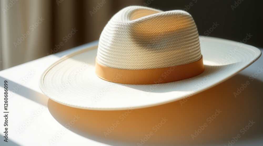 A stylish straw hat with a golden band resting elegantly on a white table, illuminated by warm natural sunlight, creating a relaxed and inviting A stylish straw hat with a golden band resting elegantly on a white table, illuminated by warm natural sunlight, creating a relaxed and inviting