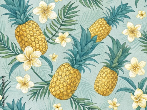 Vibrant Pineapple and Floral Pattern on Soft Blue Background for Fresh Tropical Aesthetic