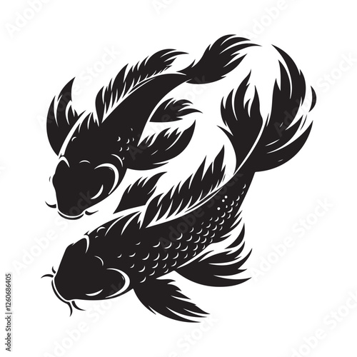 Koi fish swimming in a pond Silhouette Vector Illustration, Solid White Background.