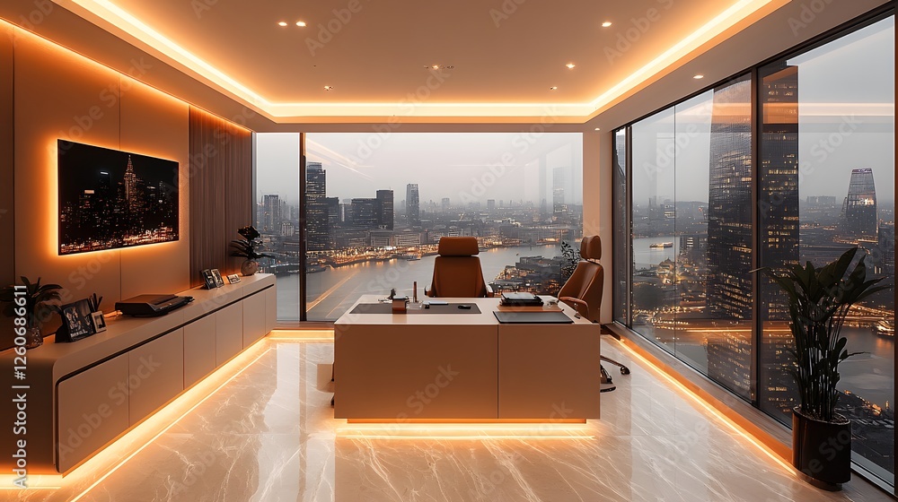Spacious home office with sleek furniture, soft lighting, and a minimalist aesthetic Spacious home office with sleek furniture, soft lighting, and a minimalist aesthetic