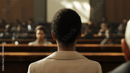 Courtroom scene seeking justice for police brutality victim photo