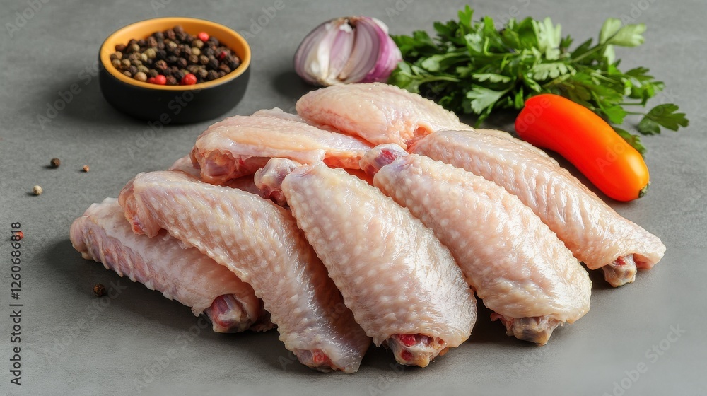 Fresh Chicken Wings with Spices and Vegetables on Grey Background Fresh Chicken Wings with Spices and Vegetables on Grey Background