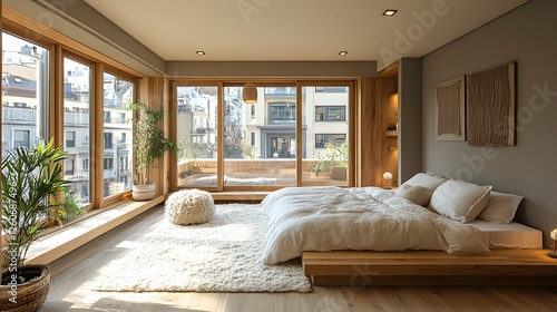 Peaceful modern apartment with natural wood tones, large windows, and uncluttered spaces photo