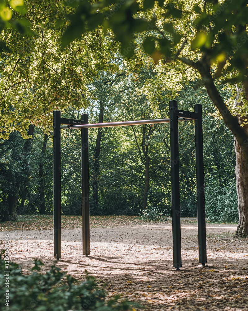 Fototapeta premium Outdoor pull-up bar in a park surrounded by green trees