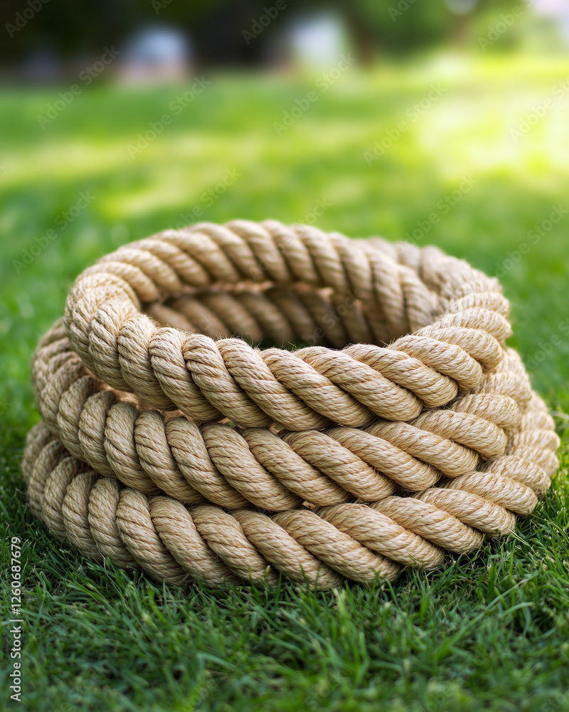 Fototapeta premium Coiled natural fiber rope on green grass outdoors