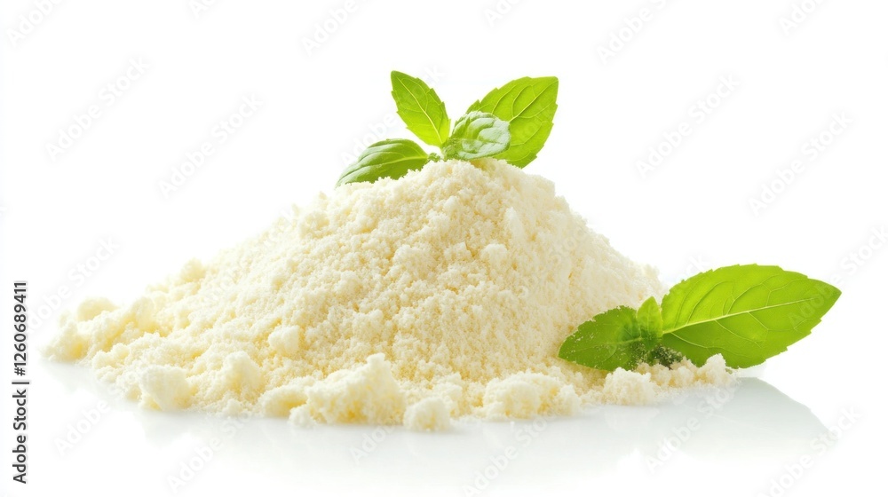 Pile of powdered cheese with basil leaves Pile of powdered cheese with basil leaves