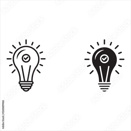 Black bulb checkmark icon. Like quick tip line icon. Bulb icon for expert, genius, idea, innovation, light bulb, mark, creative, positive, simplicity, smart, solution.
