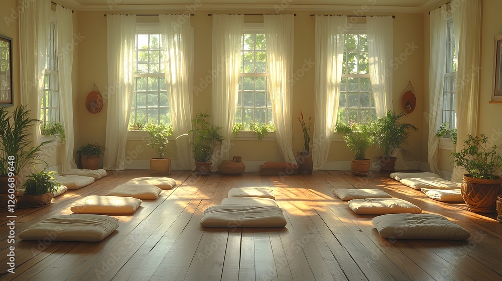 Fototapeta premium Peaceful yoga space with bright natural lighting, soft wooden floors, and airy curtains