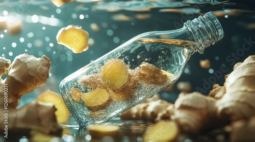 Sparkling Ginger Water Bottle - Close-up of a glass bottle filled with sparkling water and ginger pieces submerged underwater photo