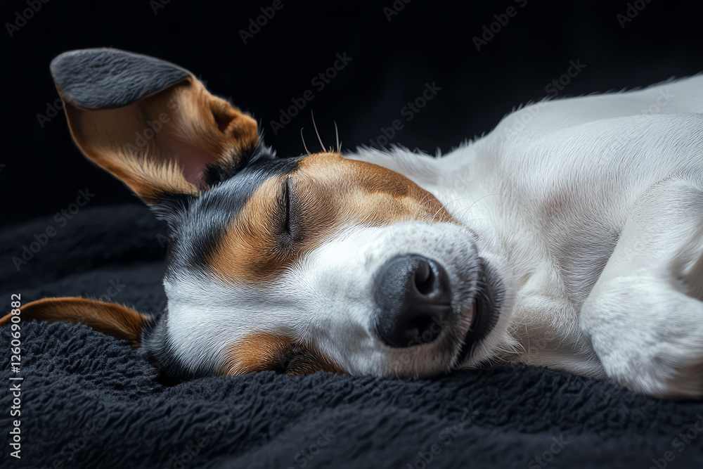 Obraz premium A comical dog sleeping with its head twisted backwards, isolated in CG photorealistic style