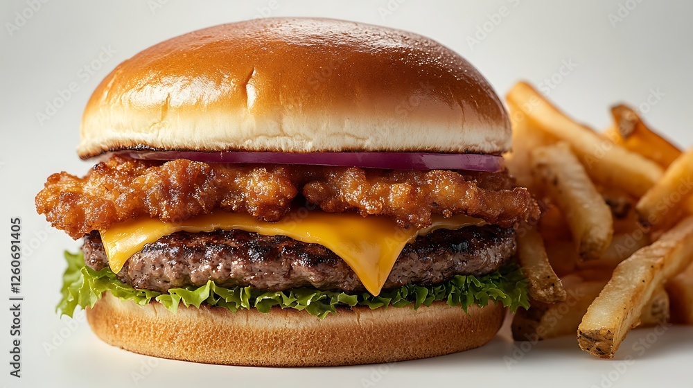 Cheeseburger with Fries on White Background, A juicy cheeseburger with melted cheese on a toasted bun Cheeseburger with Fries on White Background, A juicy cheeseburger with melted cheese on a toasted bun
