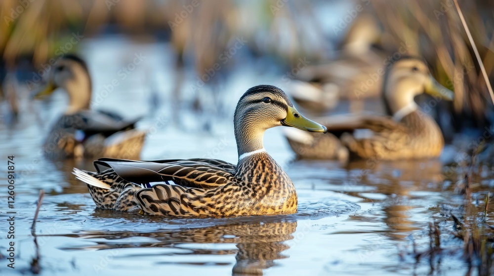 A group of ducks swimming in a shallow marshy pond. A group of ducks swimming in a shallow marshy pond.