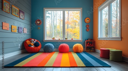 Bright playroom with colorful wall murals, mismatched chairs, and whimsical decor photo