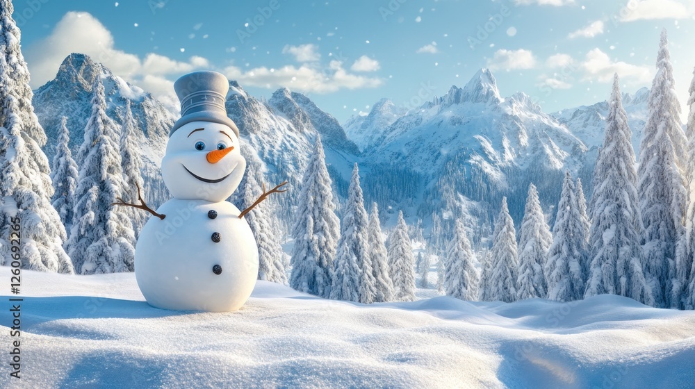 Obraz premium Cheerful Snowman in Snowy Mountain Landscape