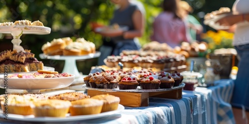 A vibrant outdoor bake sale featuring an assortment of delicious cupcakes, muffins, and pastries displayed on a table with people in the background