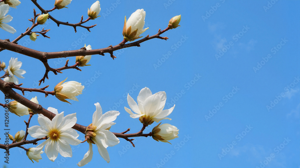 White cherry blossoms against a bright blue sky White cherry blossoms against a bright blue sky