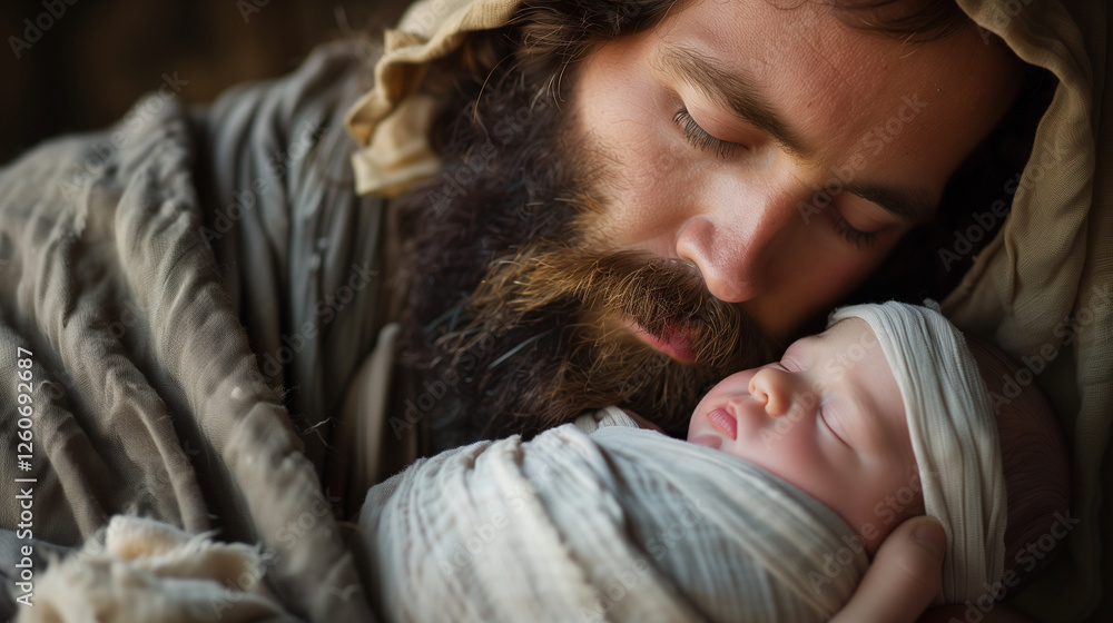 Man with beard holding sleeping infant, tender and serene. Man with beard holding sleeping infant, tender and serene.