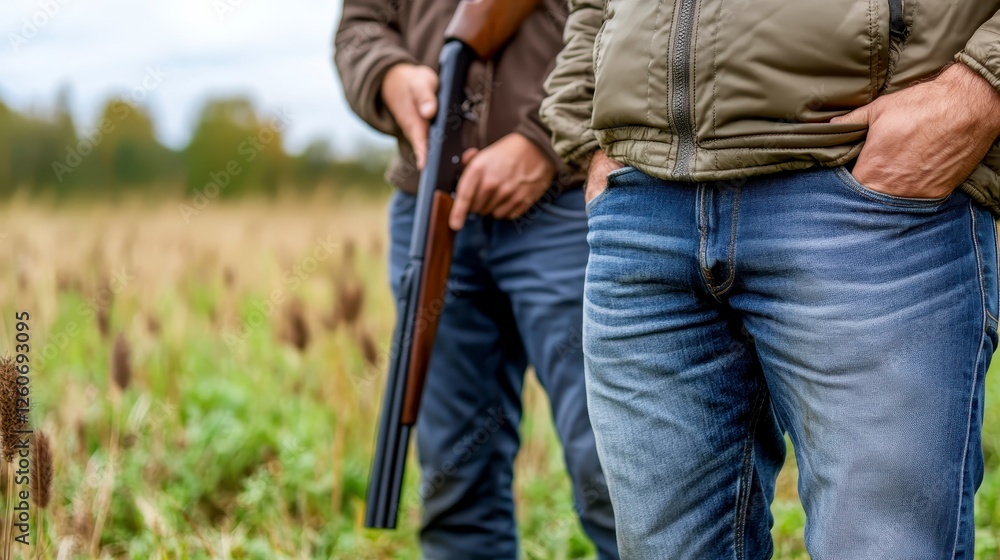 Two men in casual attire, mid section view, appear to be hunting in a field. They are holding a shotgun, and the focus is on their denim pants, with Two men in casual attire, mid section view, appear to be hunting in a field. They are holding a shotgun, and the focus is on their denim pants, with