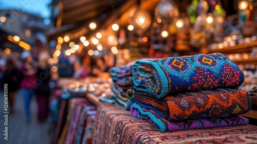 A beautiful assortment of colorful textiles is showcased at a lively market, illuminated by warm, ambient lighting, creating a welcoming and cheerful atmosphere for visitors.