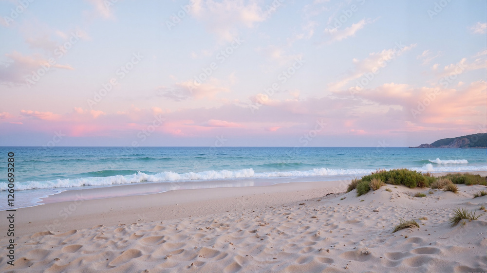 Obraz premium Soft sandy beach with gentle waves at sunset