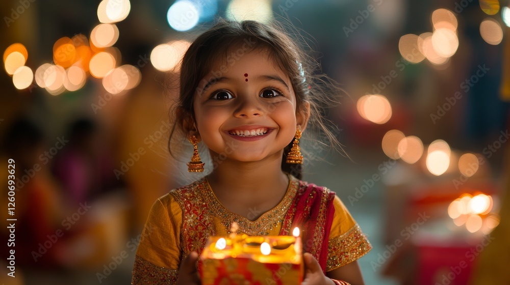 A child receiving gifts during Diwali, with a wide smile and excitement on their face A child receiving gifts during Diwali, with a wide smile and excitement on their face