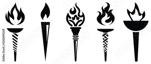 fire flame torch icon .torch burning fire light lit up. Torch icon vector. Flame symbol with holding stick. Victory, success or achievement sign.silhouette design