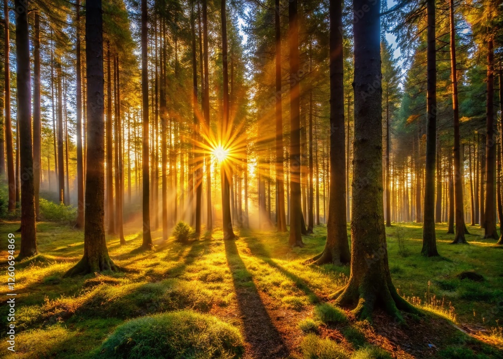 Fototapeta premium Golden Hour Forest: Backlit Trees in a Mystical Woodland