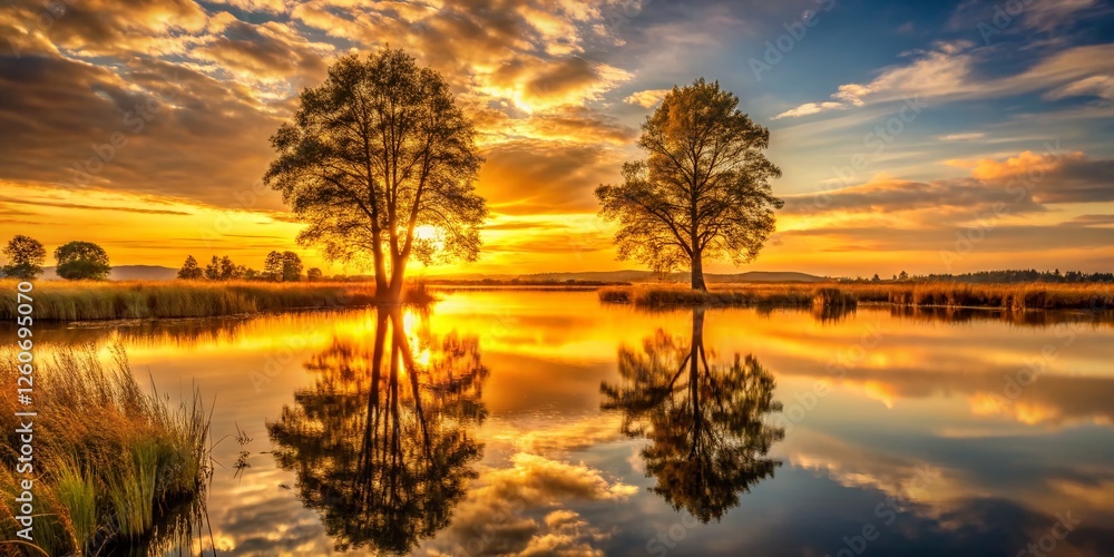 Obraz premium Golden Hour Reflection: Two Majestic Trees Mirrored in Calm Water