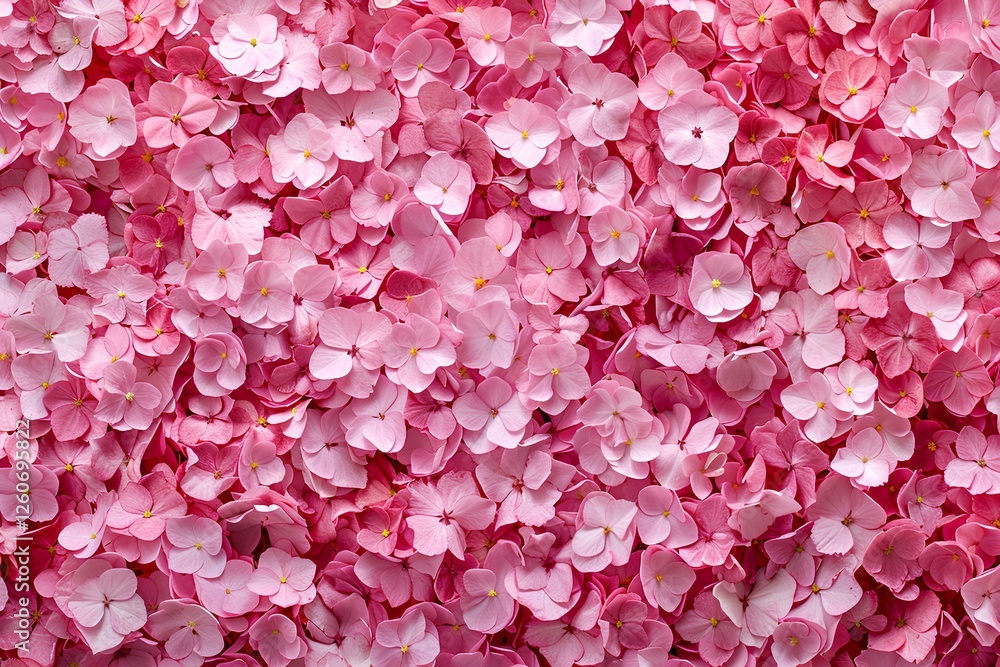 Fototapeta premium A dense layer of pink flower petals covers the ground in a tranquil garden. The soft hues evoke a sense of peace, celebrating the beauty of nature in spring.
