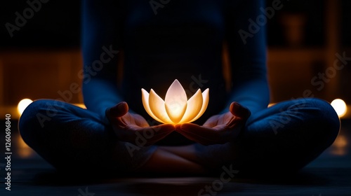 Meditation session with glowing lotus flower.