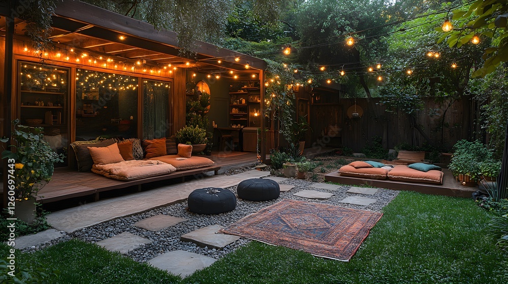 Obraz premium Family-friendly backyard with a cozy picnic area, soft lighting, and inviting outdoor decor