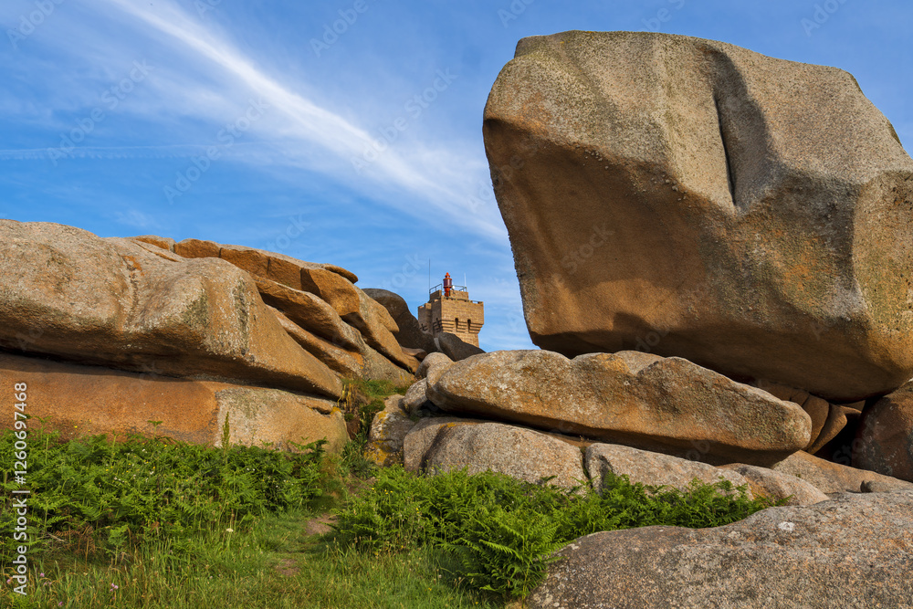 rocks and boulders on the island Renote on The Pink Granite Coast located in Tregastel in northern Brittany, France. rocks and boulders on the island Renote on The Pink Granite Coast located in Tregastel in northern Brittany, France.