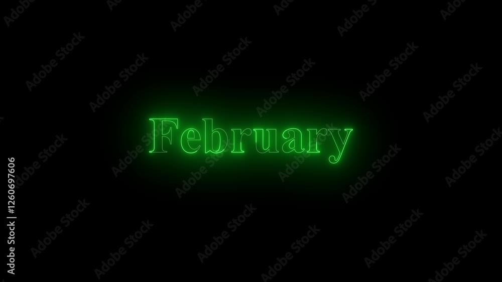 February neon glowing on a black background with reflections on a floor. Neon glow signs in seamless loop motion graphic,january text animated on black background. Blue neon glowing outline off February neon glowing on a black background with reflections on a floor. Neon glow signs in seamless loop motion graphic,january text animated on black background. Blue neon glowing outline off