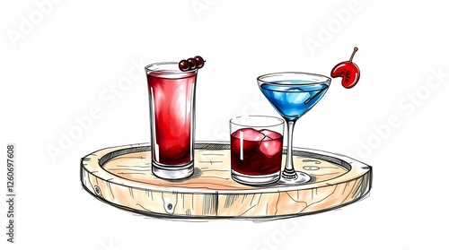 Colorful cocktails served on a rustic wooden tray