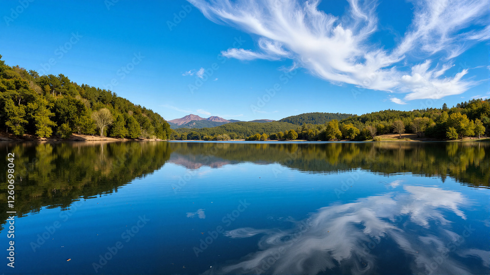 Obraz premium Serene lake reflecting sky and mountains in sunlight