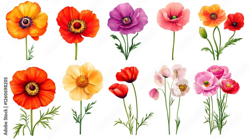 Obraz premium Vibrant Collection of Colorful Poppy Flowers Botanical Illustration